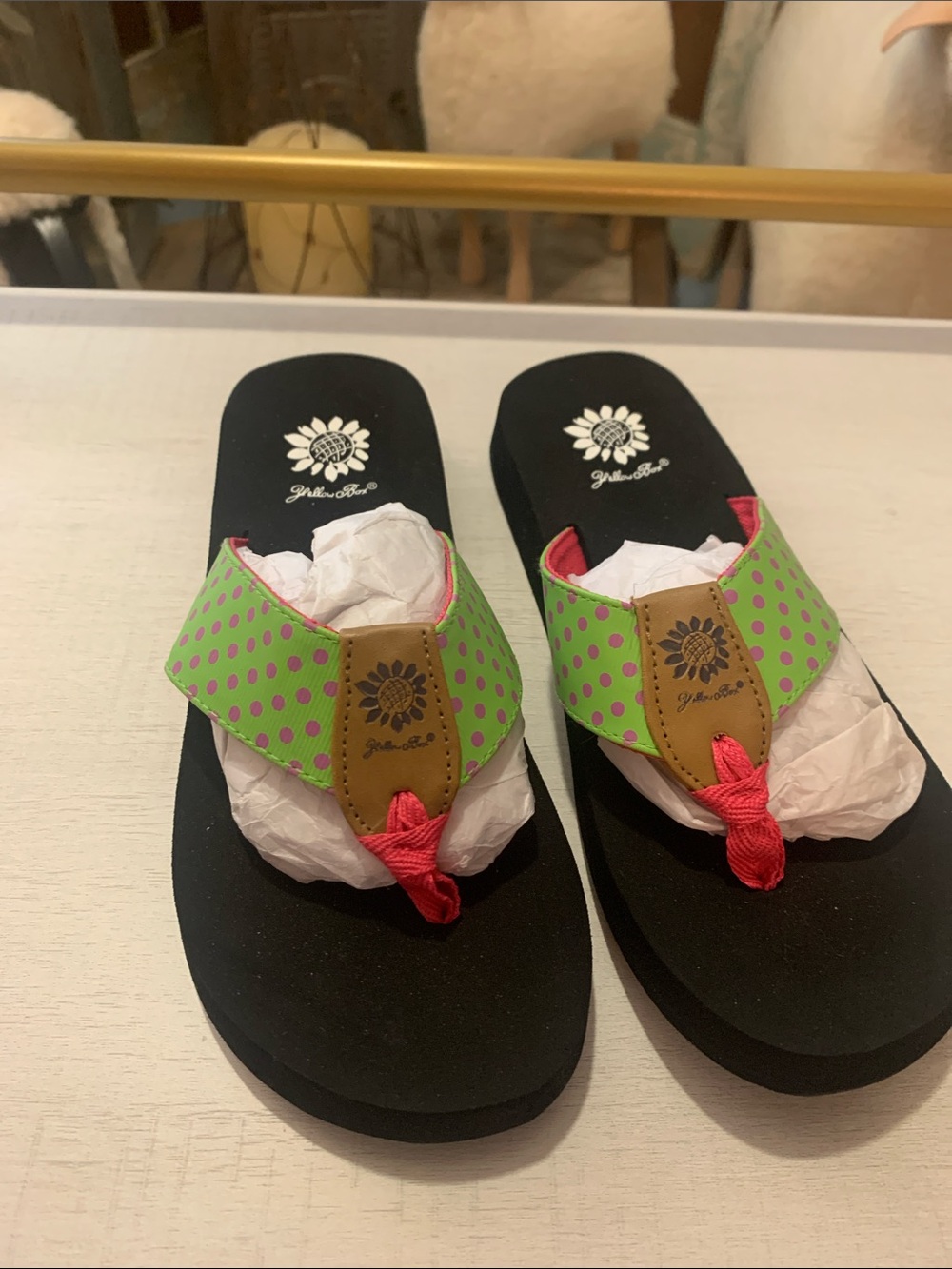 Yellow Box Green Polka Dot Thong Sandals with Pink Accent